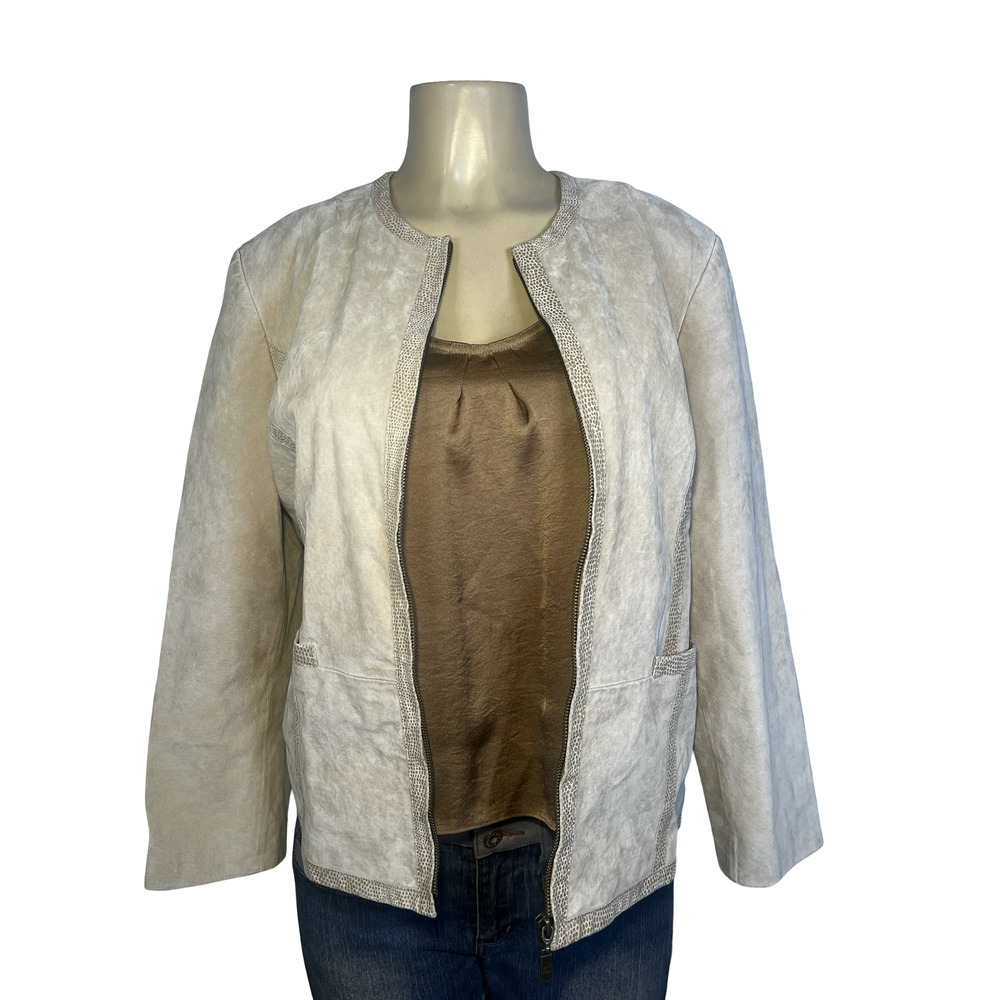 Pamela McCoy Leather Jacket Womens Large Beige Collarless Zip Front Lined Trim